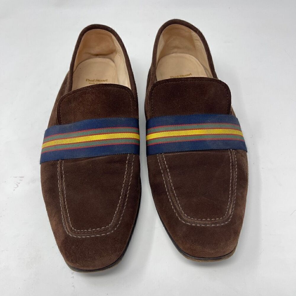 Paul Stuart Brown Blue Striped Herve Ribbon Band Slip on Suede Loafer Size 8